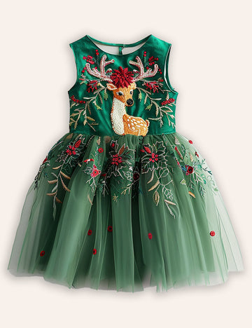 Festival Floral Reindeer Embroidered Tulle Dress